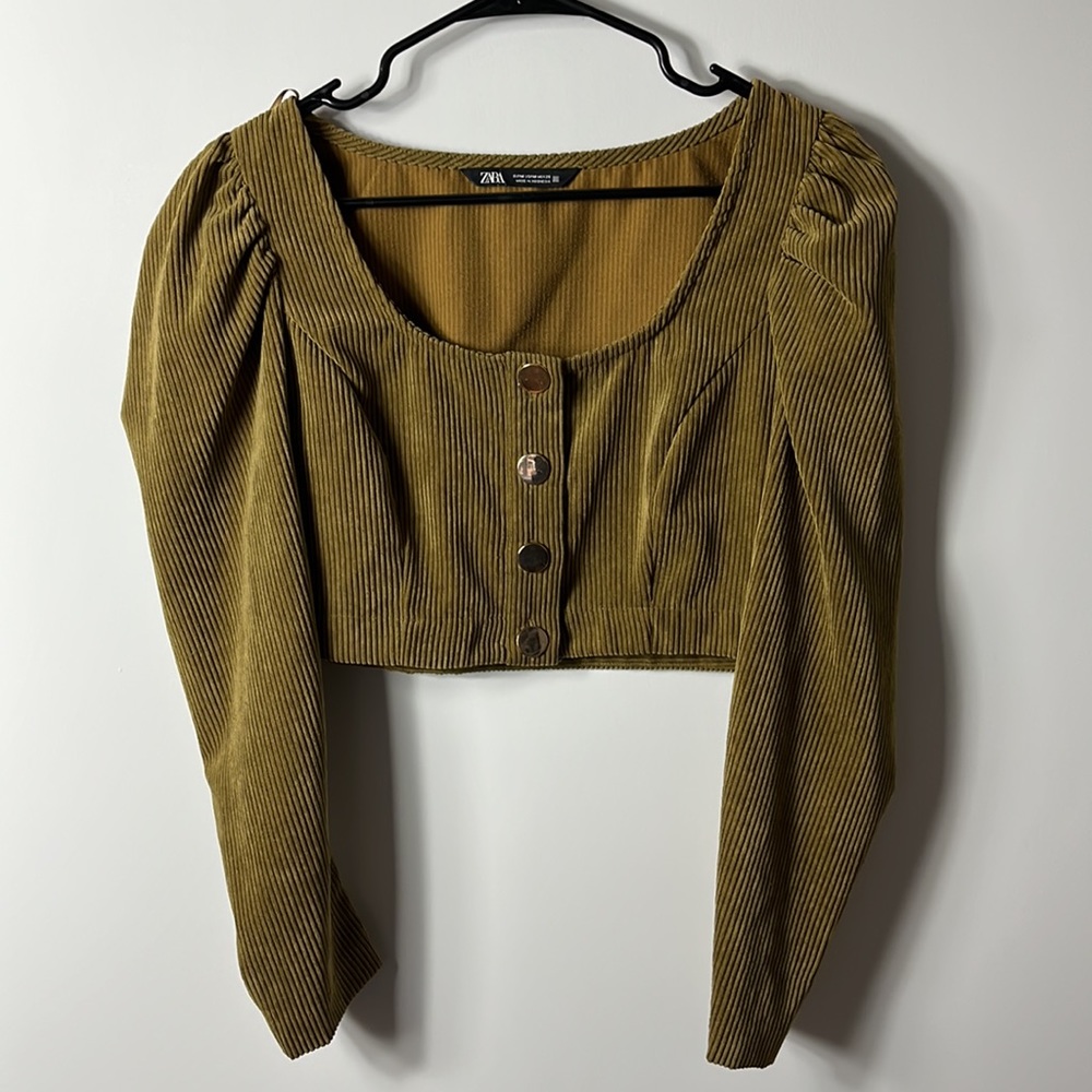 ZARA long puffed sleeves corduroy cropped top